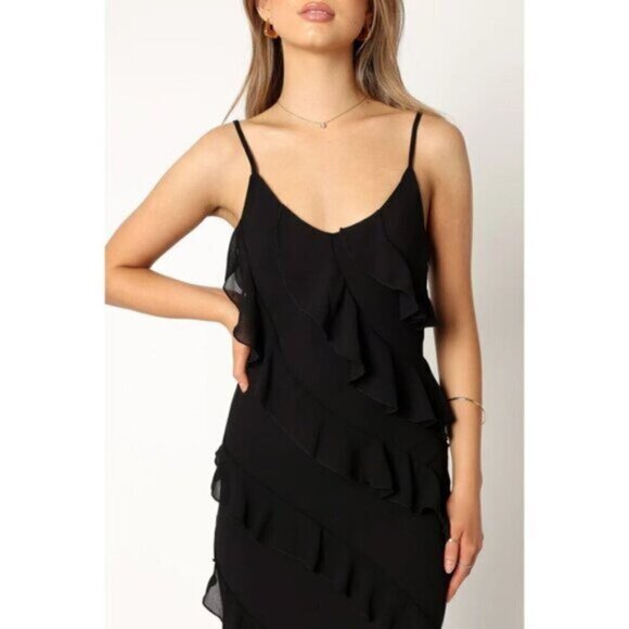 PETAL & PUP Ciao Ruffle Chiffon Gown in Black Size Large - Picture 4 of 14